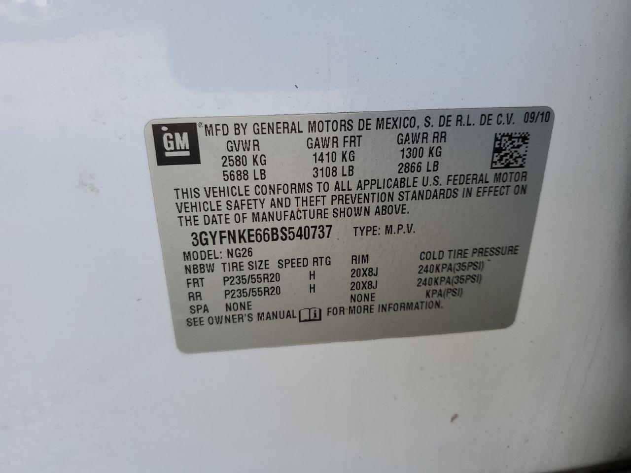 2011 Cadillac SRX VIN 3GYFNKE66BS540737 Copart auction photo, side / minor dent/scratches damage thumbnail 15
