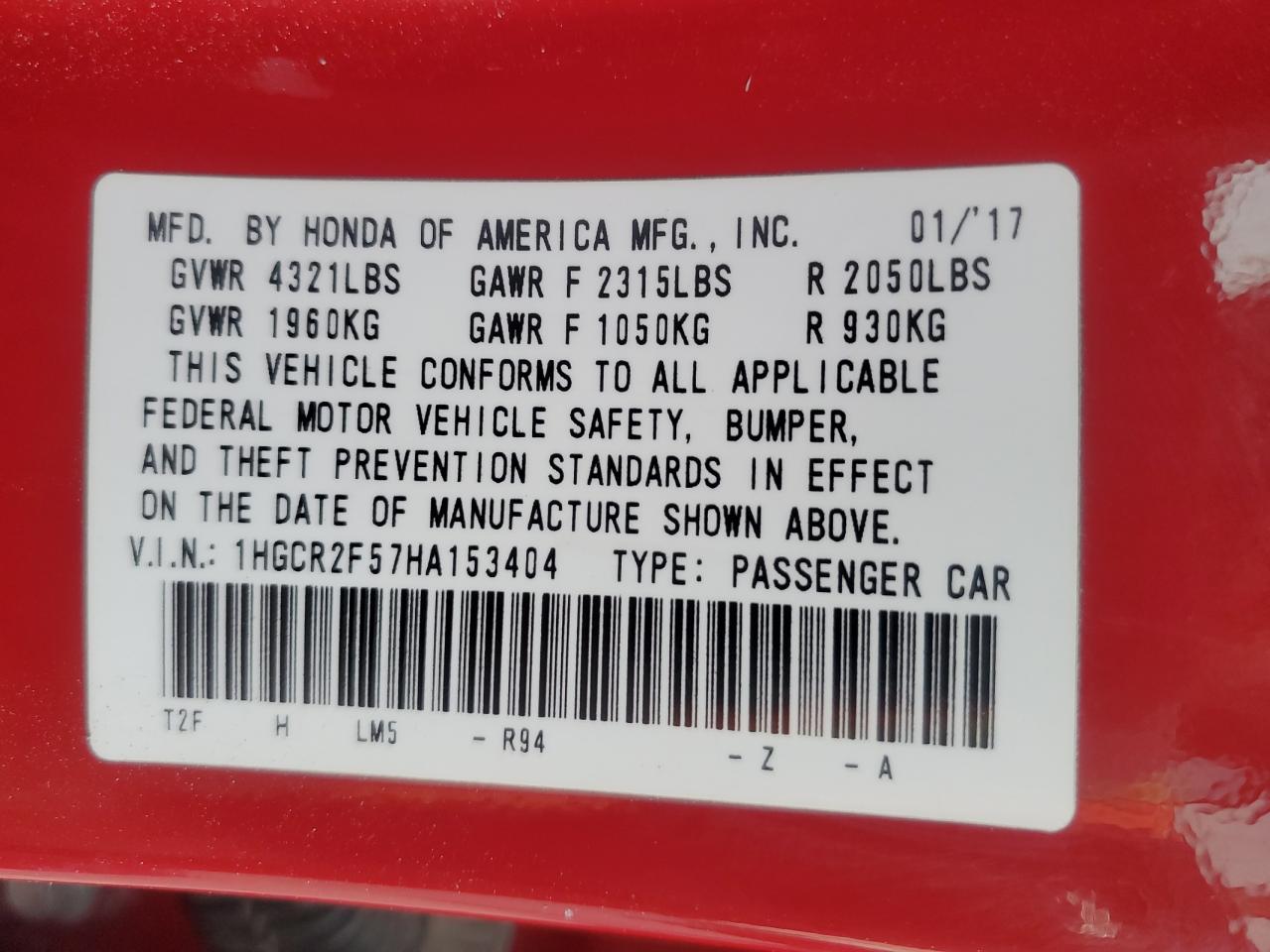2017 Honda Accord VIN 1HGCR2F57HA153404 Copart auction photo, rear end damage thumbnail 12