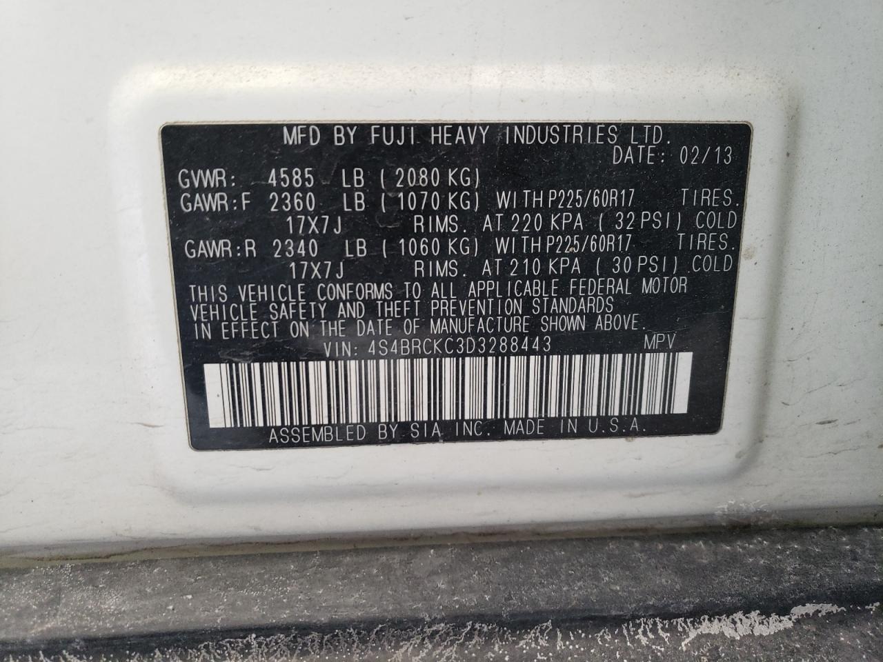 2013 Subaru Outback VIN 4S4BRCKC3D3288443 Copart auction photo, all over damage thumbnail 13