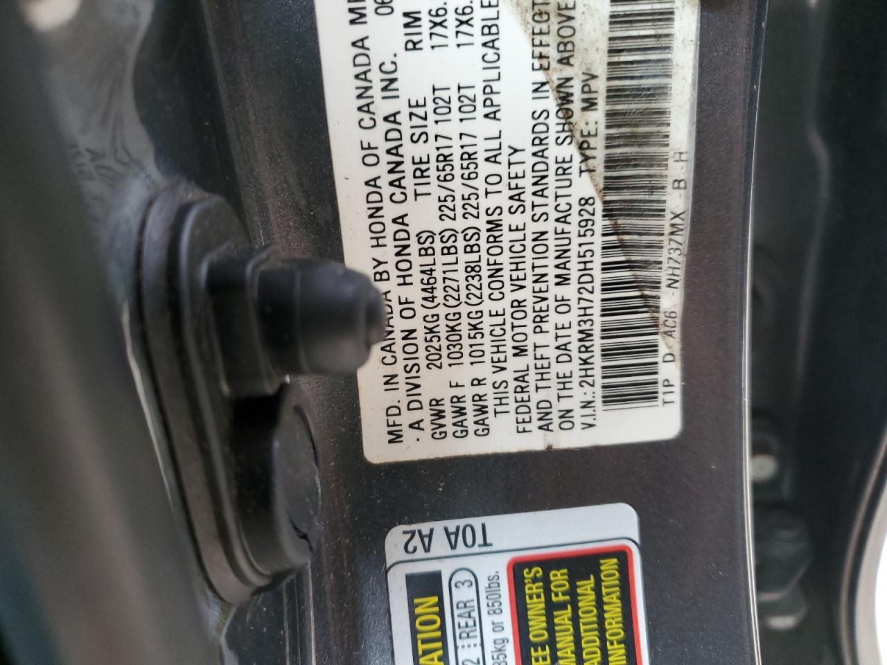 2013 Honda CR-V VIN 2HKRM3H72DH515928 Copart auction photo, side damage thumbnail 12