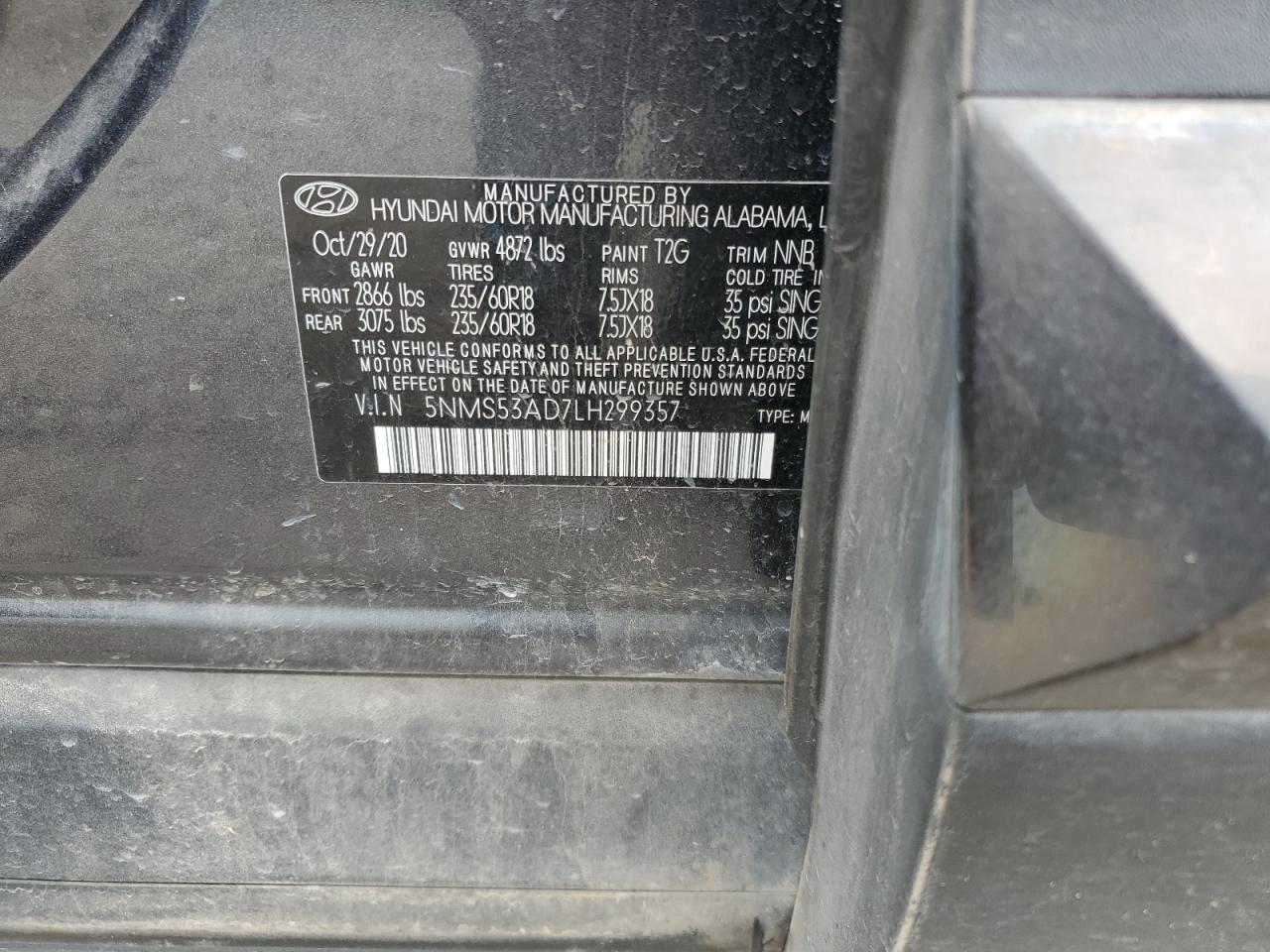 2020 Hyundai Santa Fe VIN 5NMS53AD7LH299357 Copart auction photo, all over damage thumbnail 13