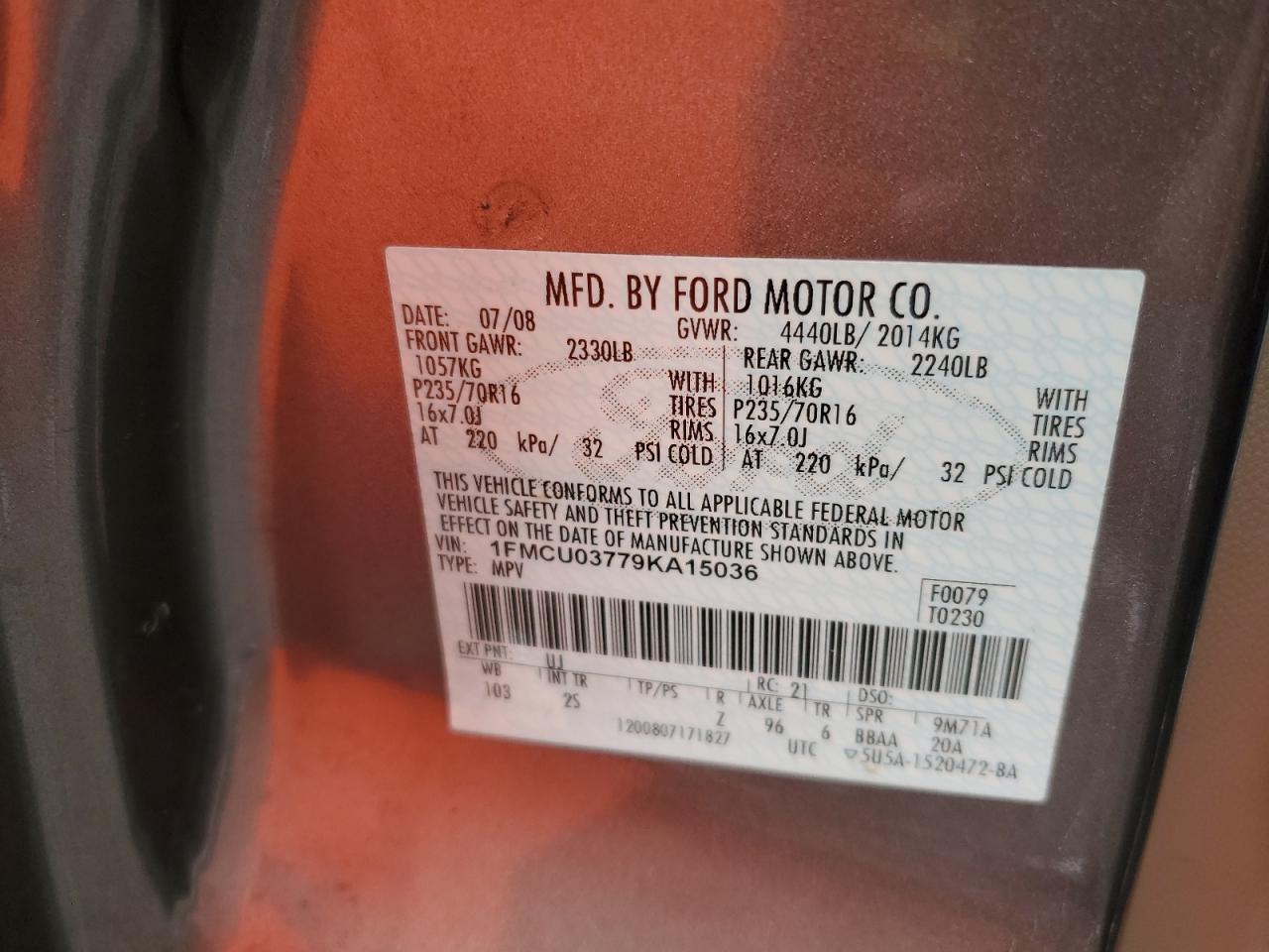 2009 Ford Escape VIN 1FMCU03779KA15036 Copart auction photo, front end / rear end damage thumbnail 13