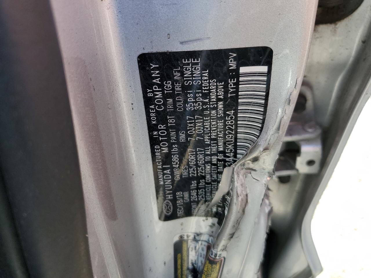 2019 Hyundai Tucson VIN KM8J23A45KU922854 Copart auction photo, side damage thumbnail 13