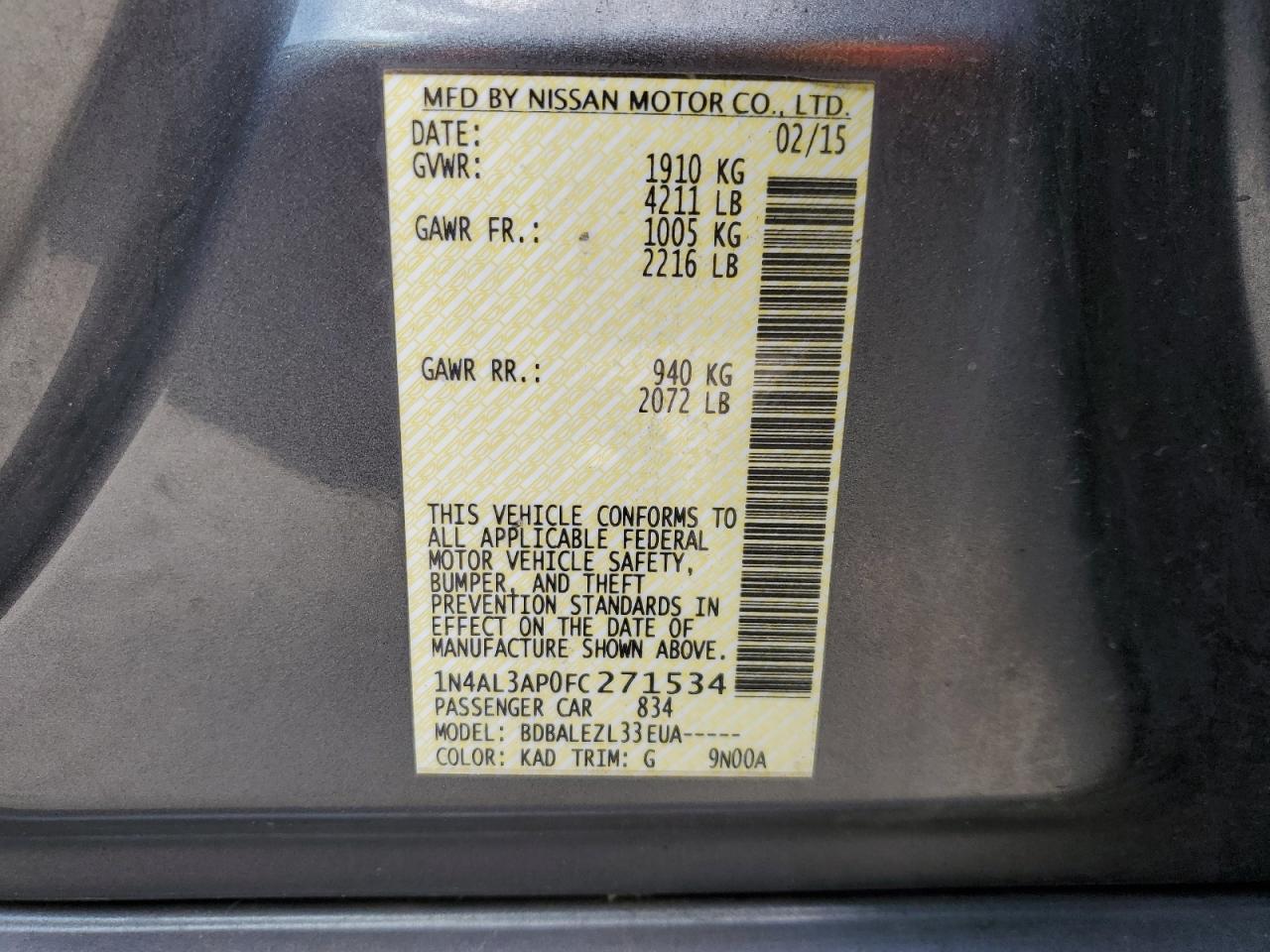 2015 Nissan Altima VIN 1N4AL3AP0FC271534 Copart auction photo, all over damage thumbnail 13