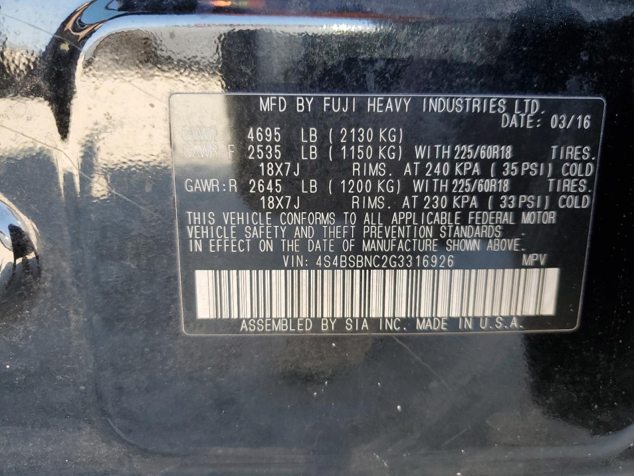 2016 Subaru Outback VIN 4S4BSBNC2G3316926 Copart auction photo, front end / side damage thumbnail 13