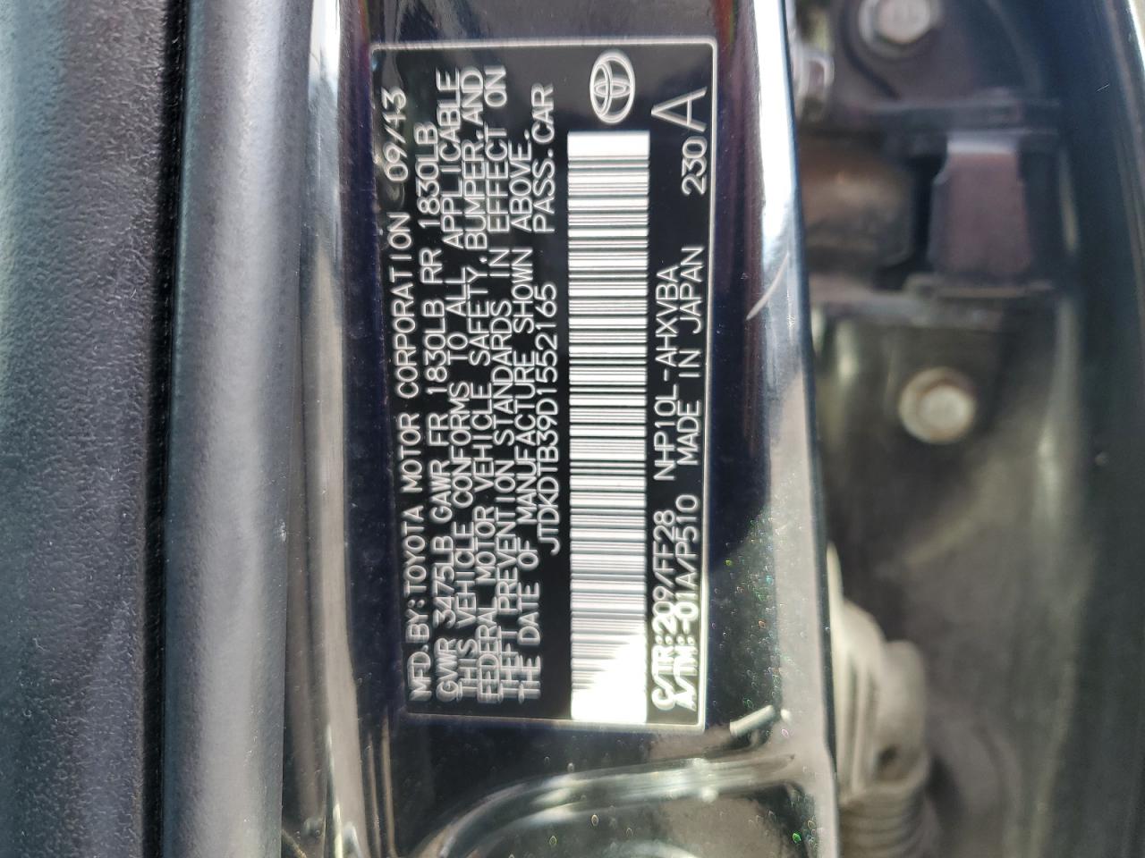 2013 Toyota Prius VIN JTDKDTB39D1552165 Copart auction photo, all over damage thumbnail 12