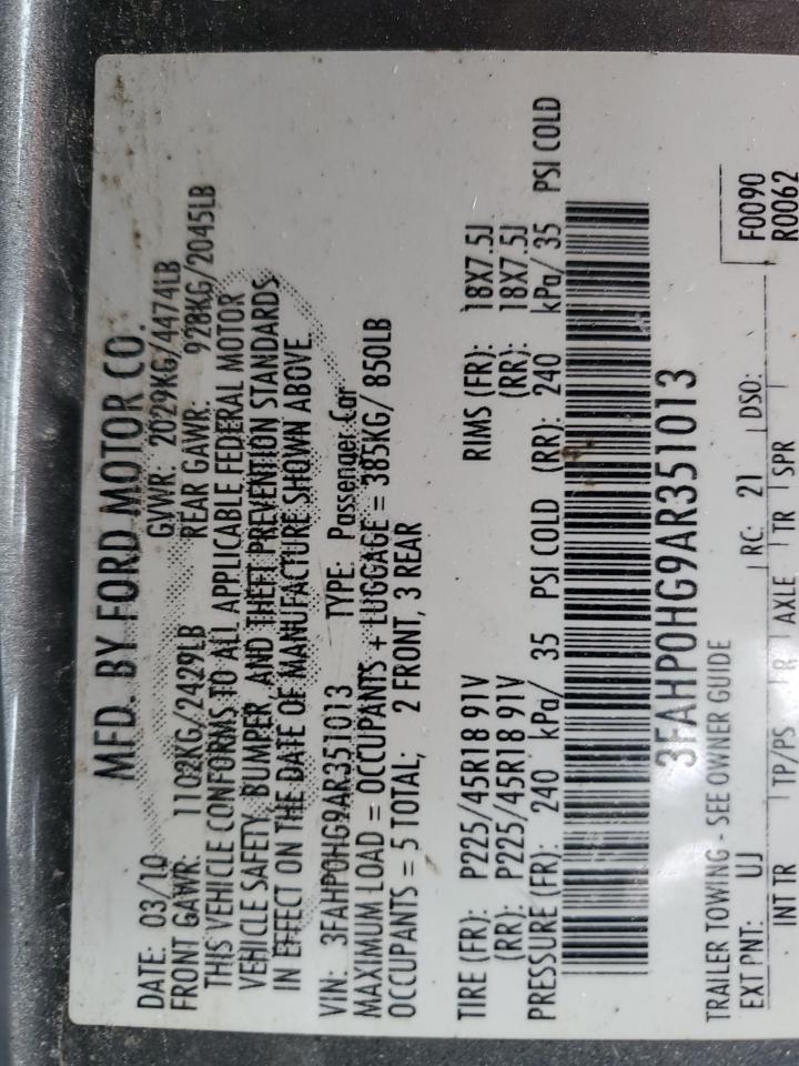 2010 Ford Fusion VIN 3FAHP0HG9AR351013 Copart auction photo, front end / side damage thumbnail 12