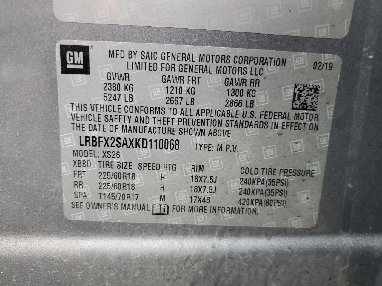 2019 Buick Envision VIN LRBFX2SAXKD110068 Copart auction photo, front end / undercarriage damage thumbnail 13