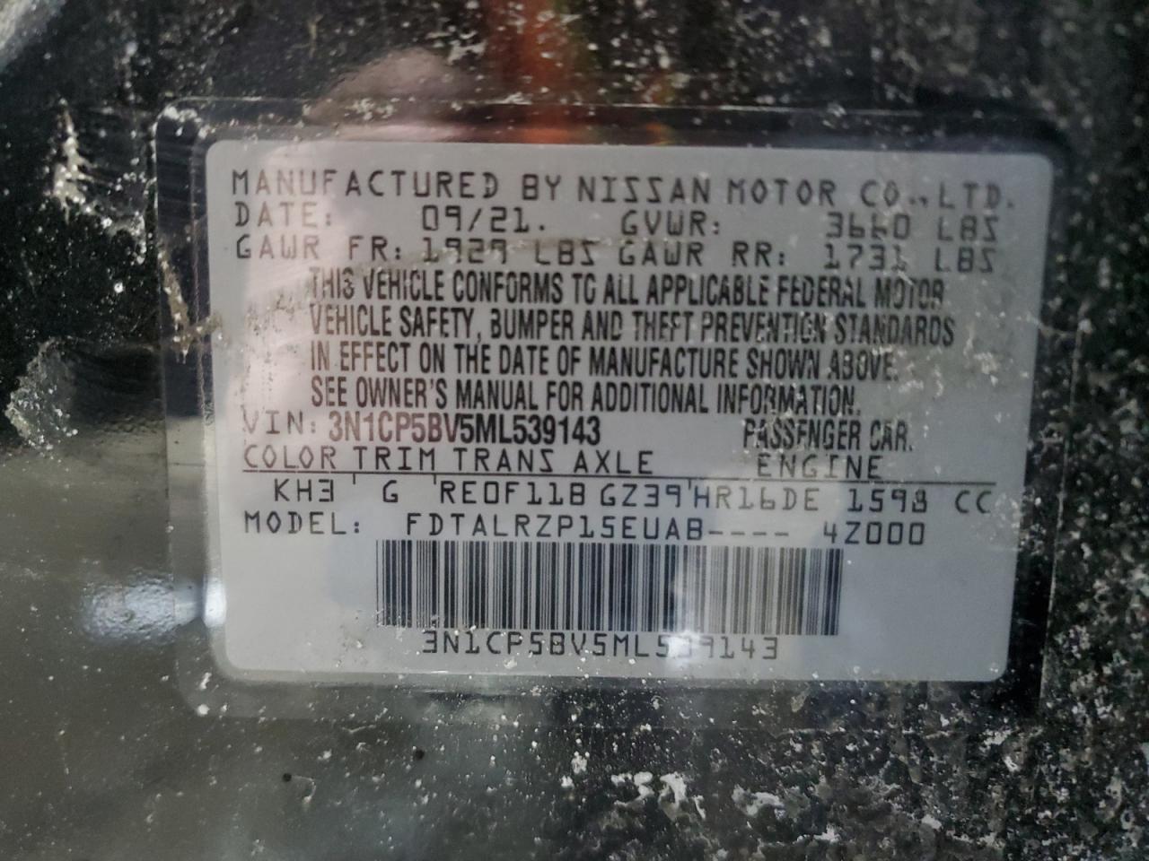 2021 Nissan Kicks VIN 3N1CP5BV5ML539143 Copart auction photo, front end damage thumbnail 16