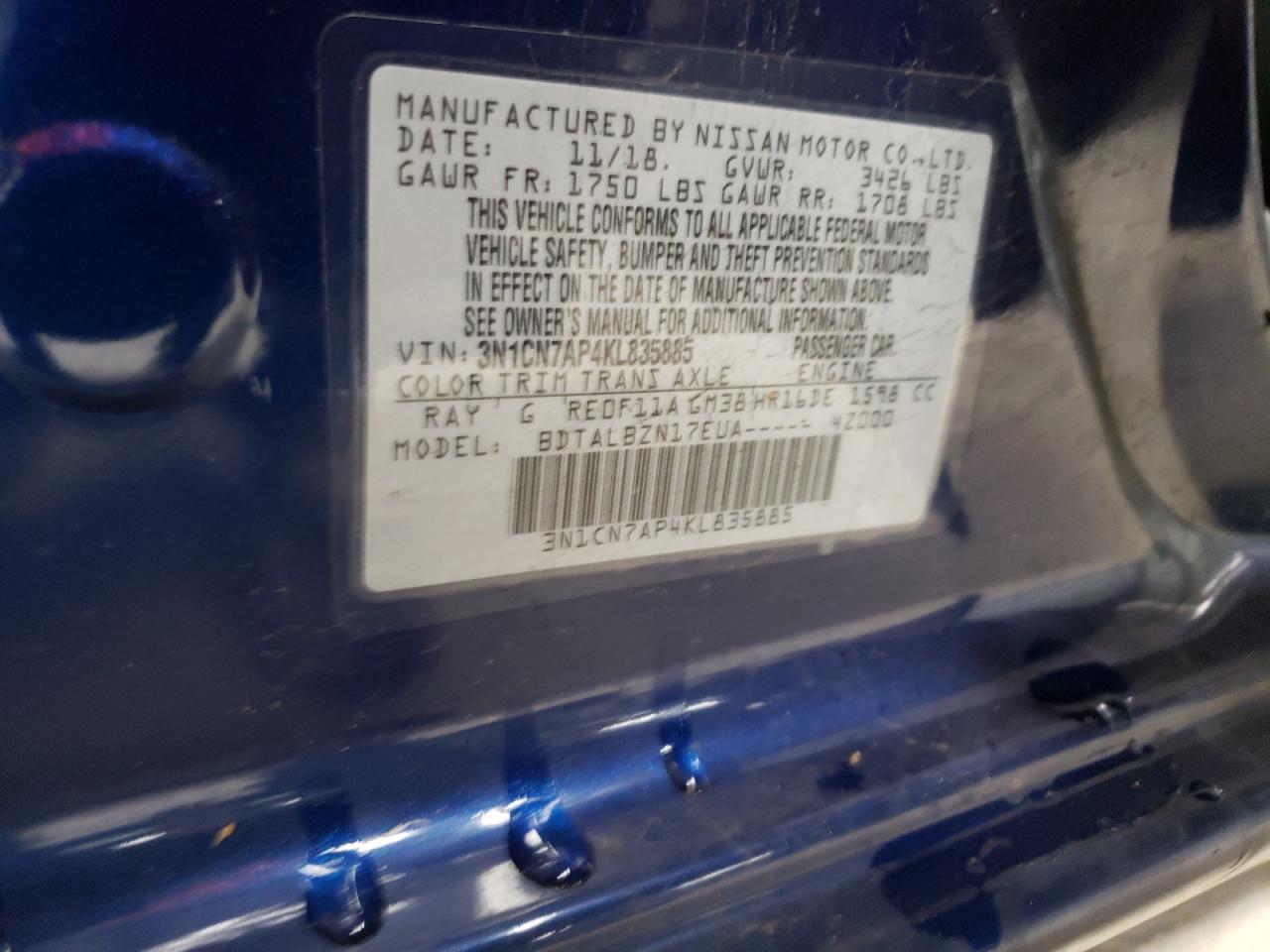 2019 Nissan Versa VIN 3N1CN7AP4KL835885 Copart auction photo, front end / mechanical damage thumbnail 15