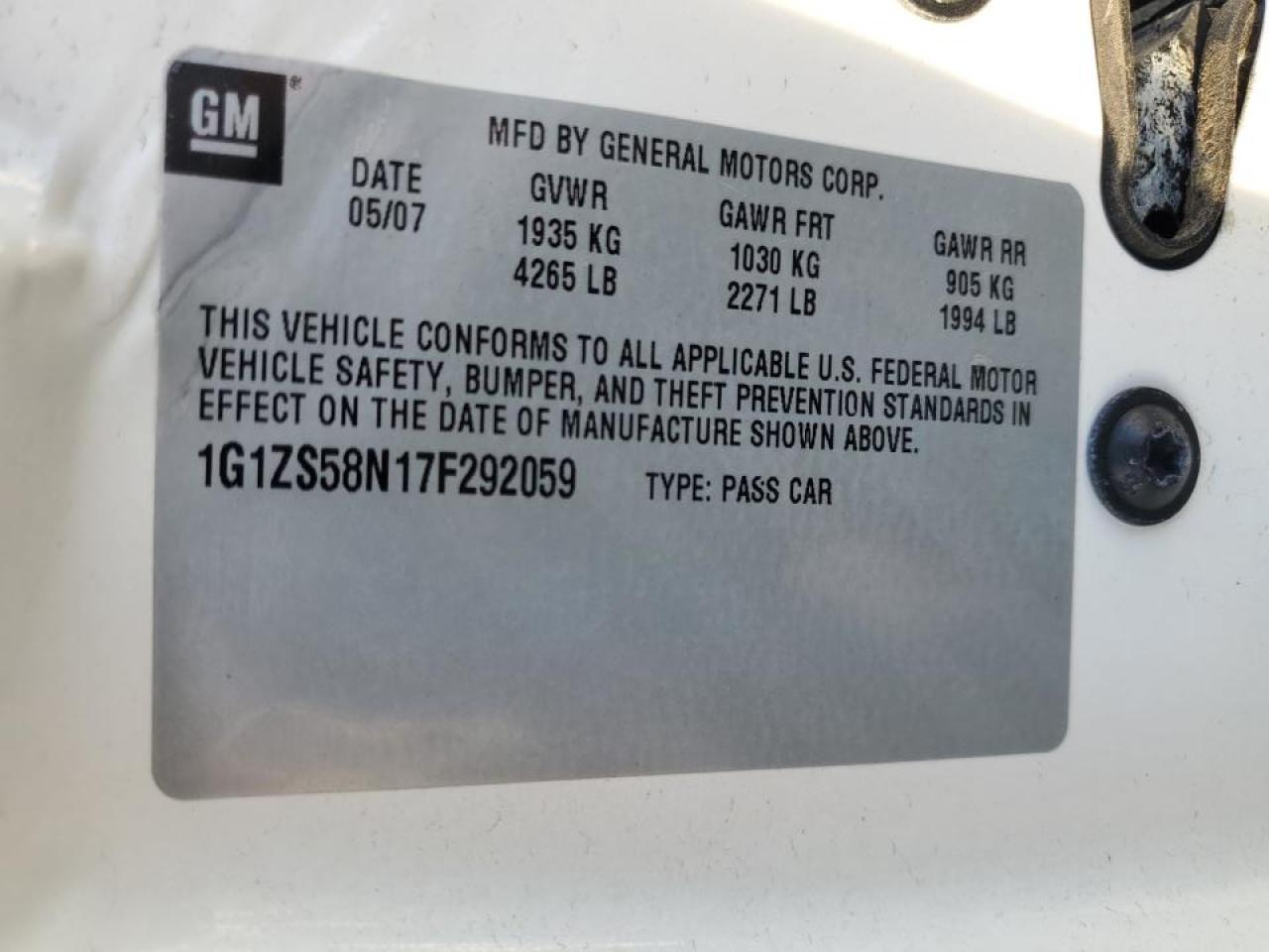 2007 Chevrolet Malibu VIN 1G1ZS58N17F292059 Copart auction photo, minor dent/scratches damage thumbnail 12