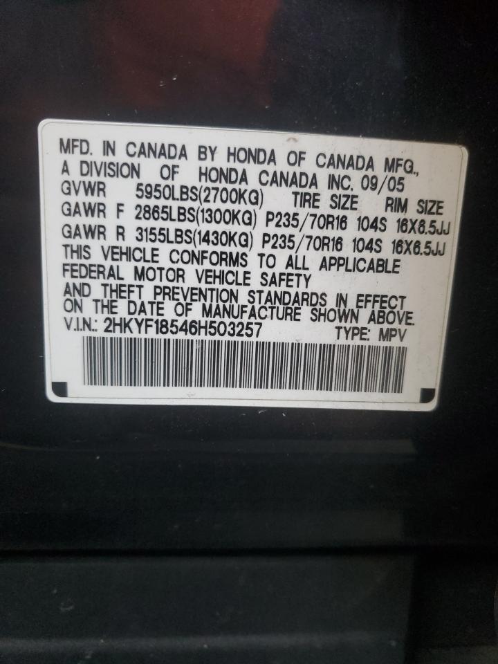 2006 Honda Pilot VIN 2HKYF18546H503257 Copart auction photo, front end damage thumbnail 13