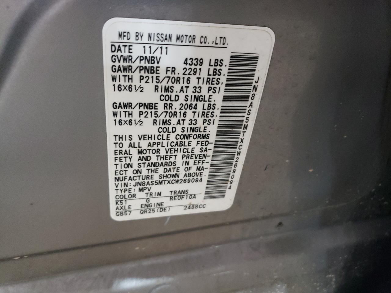 2012 Nissan Rogue VIN JN8AS5MTXCW269094 Copart auction photo, front end damage thumbnail 13