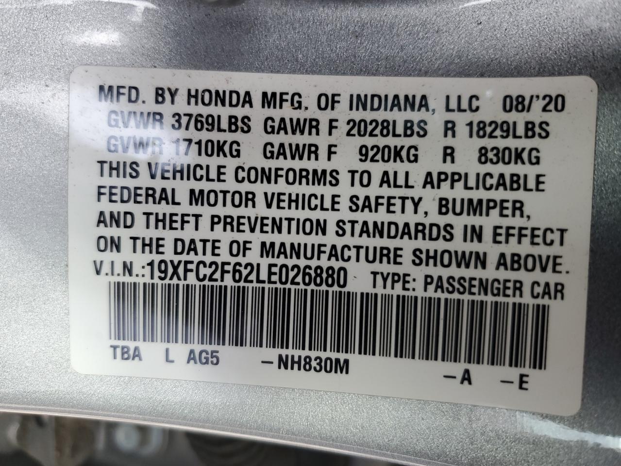 2020 Honda Civic VIN 19XFC2F62LE026880 Copart auction photo, front end / side damage thumbnail 13