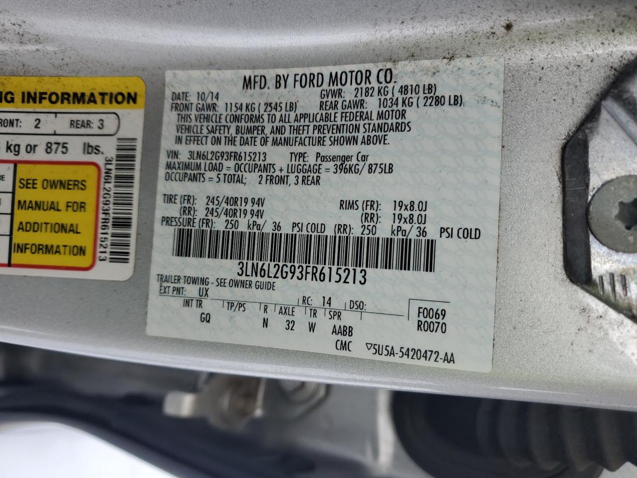 2015 Lincoln MKZ VIN 3LN6L2G93FR615213 Copart auction photo, side damage thumbnail 12