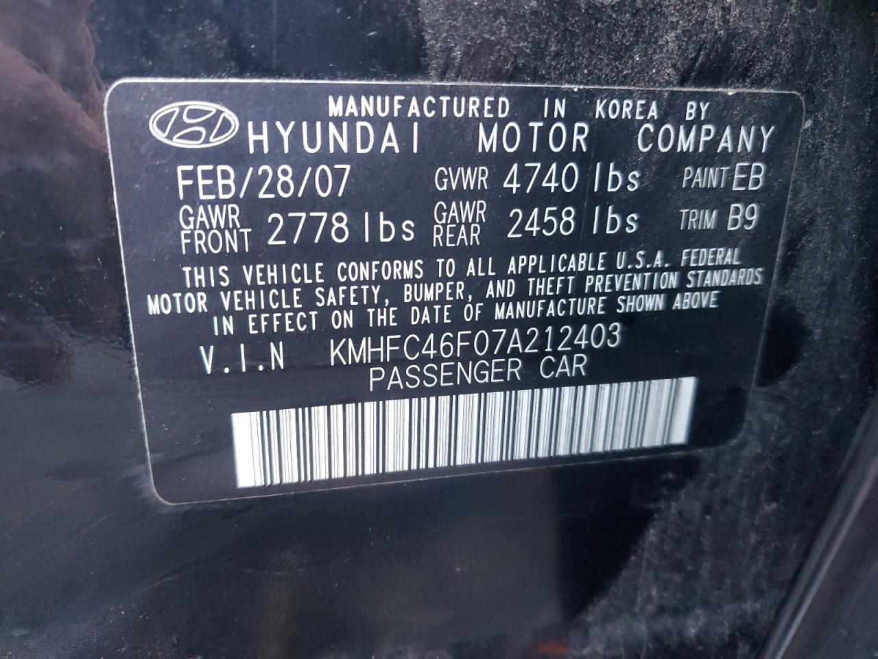 2007 Hyundai Azera VIN KMHFC46F07A212403 Copart auction photo, side damage thumbnail 14