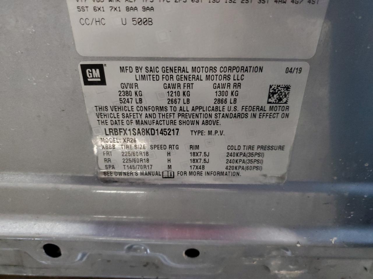 2019 Buick Envision VIN LRBFX1SA8KD145217 Copart auction photo, side / rear end damage thumbnail 14