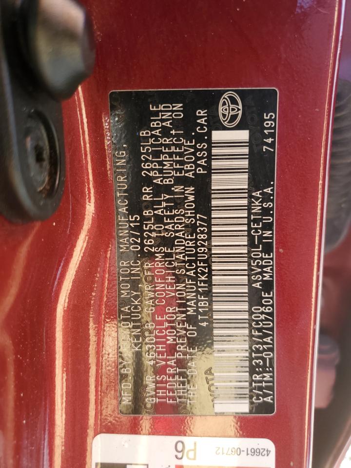2015 Toyota Camry VIN 4T1BF1FK2FU928377 Copart auction photo, side / front end damage thumbnail 12