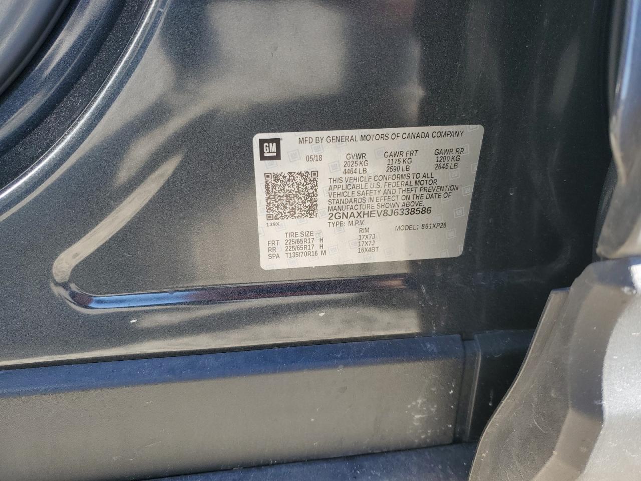 2018 Chevrolet Equinox VIN 2GNAXHEV8J6338586 Copart auction photo, front end damage thumbnail 15