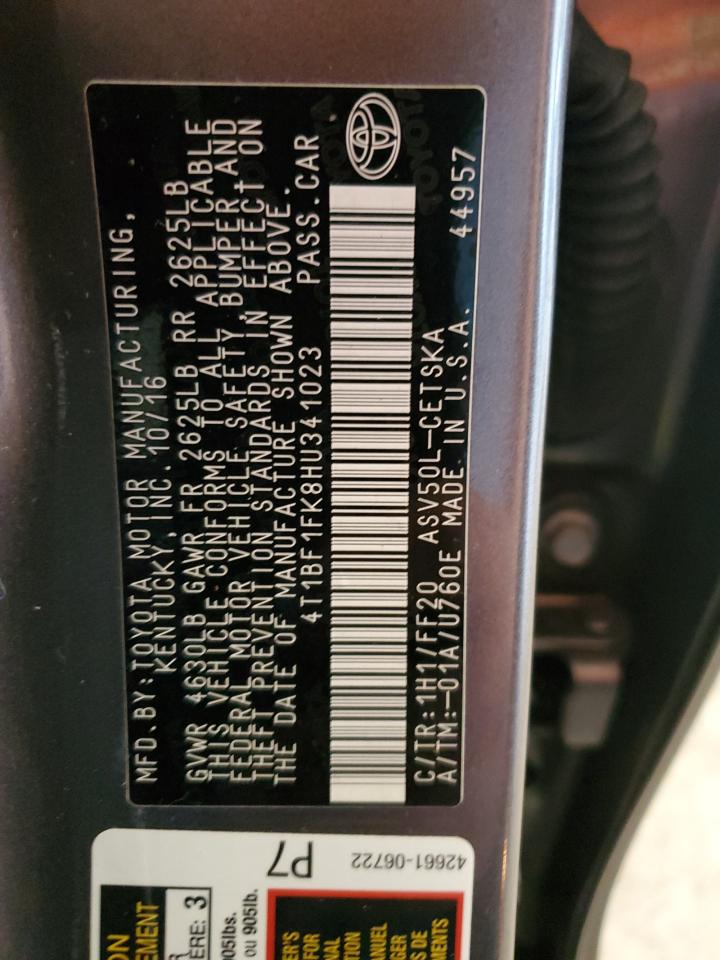 2017 Toyota Camry VIN 4T1BF1FK8HU341023 Copart auction photo, rear end / front end damage thumbnail 12