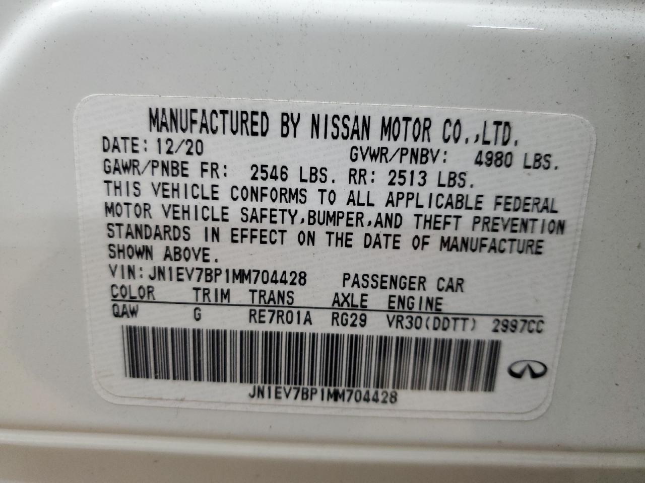 2021 Infiniti Q50 VIN JN1EV7BP1MM704428 Copart auction photo, all over / undercarriage damage thumbnail 14