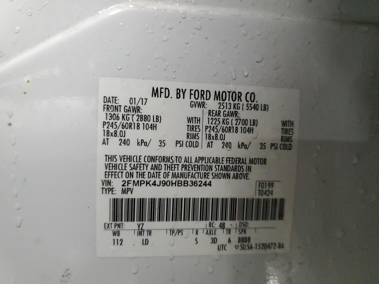 2017 Ford Edge VIN 2FMPK4J90HBB36244 Copart auction photo, front end / rear end damage thumbnail 14