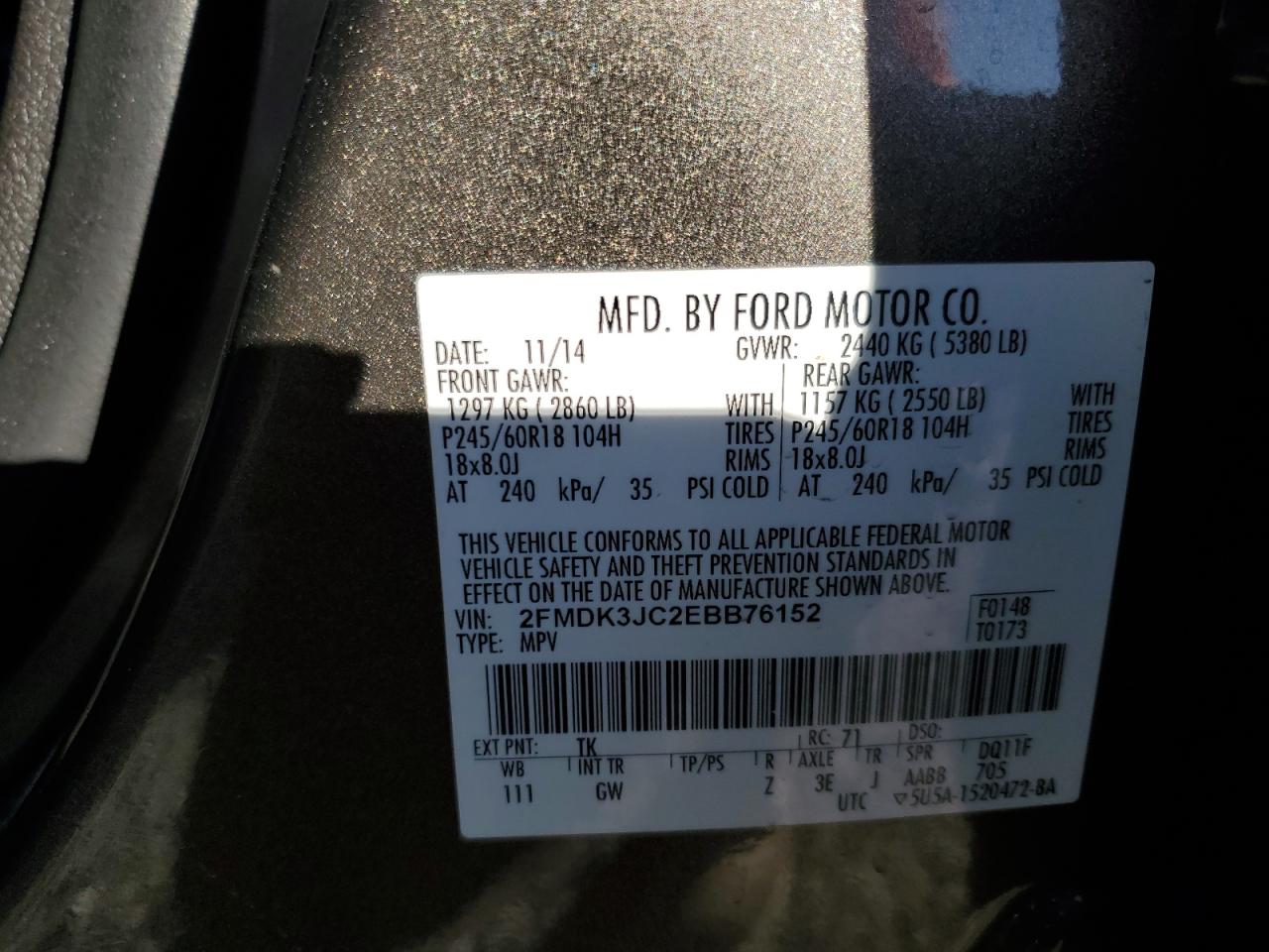 2014 Ford Edge VIN 2FMDK3JC2EBB76152 Copart auction photo, front end / side damage thumbnail 13