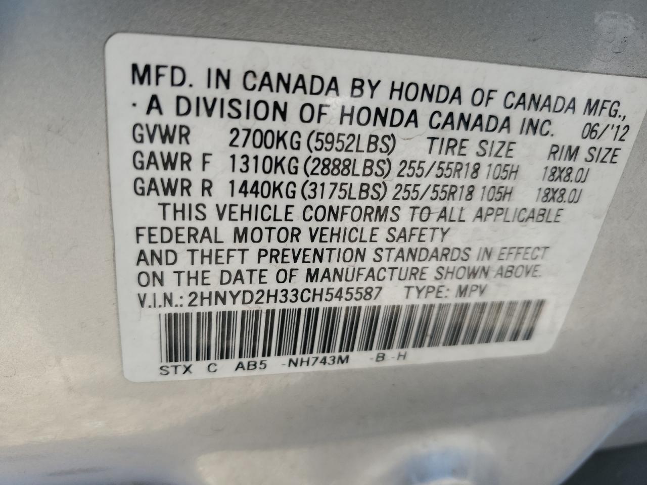 2012 Acura MDX VIN 2HNYD2H33CH545587 Copart auction photo, front end damage thumbnail 15
