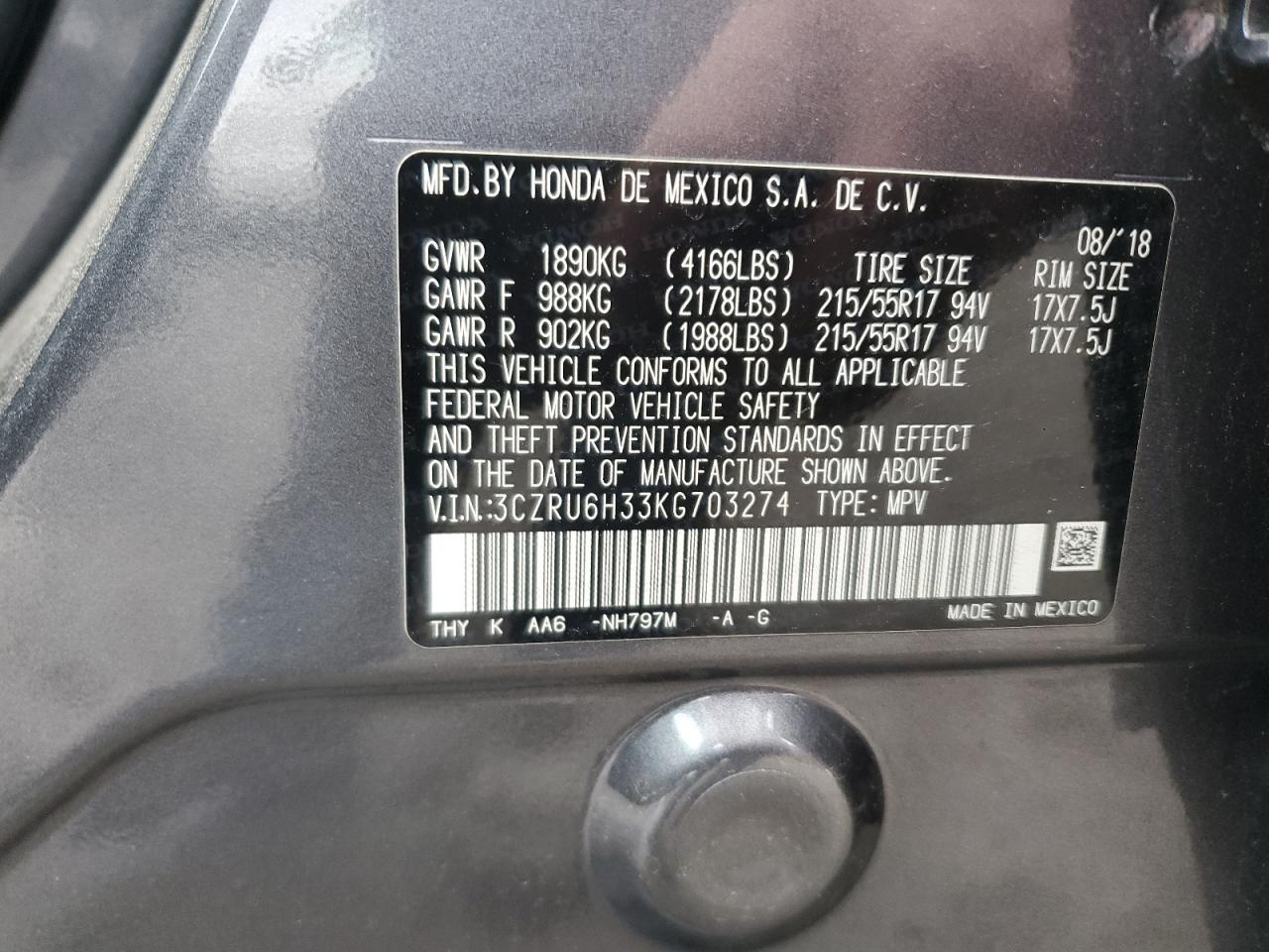 2019 Honda HR-V VIN 3CZRU6H33KG703274 Copart auction photo, all over damage thumbnail 13