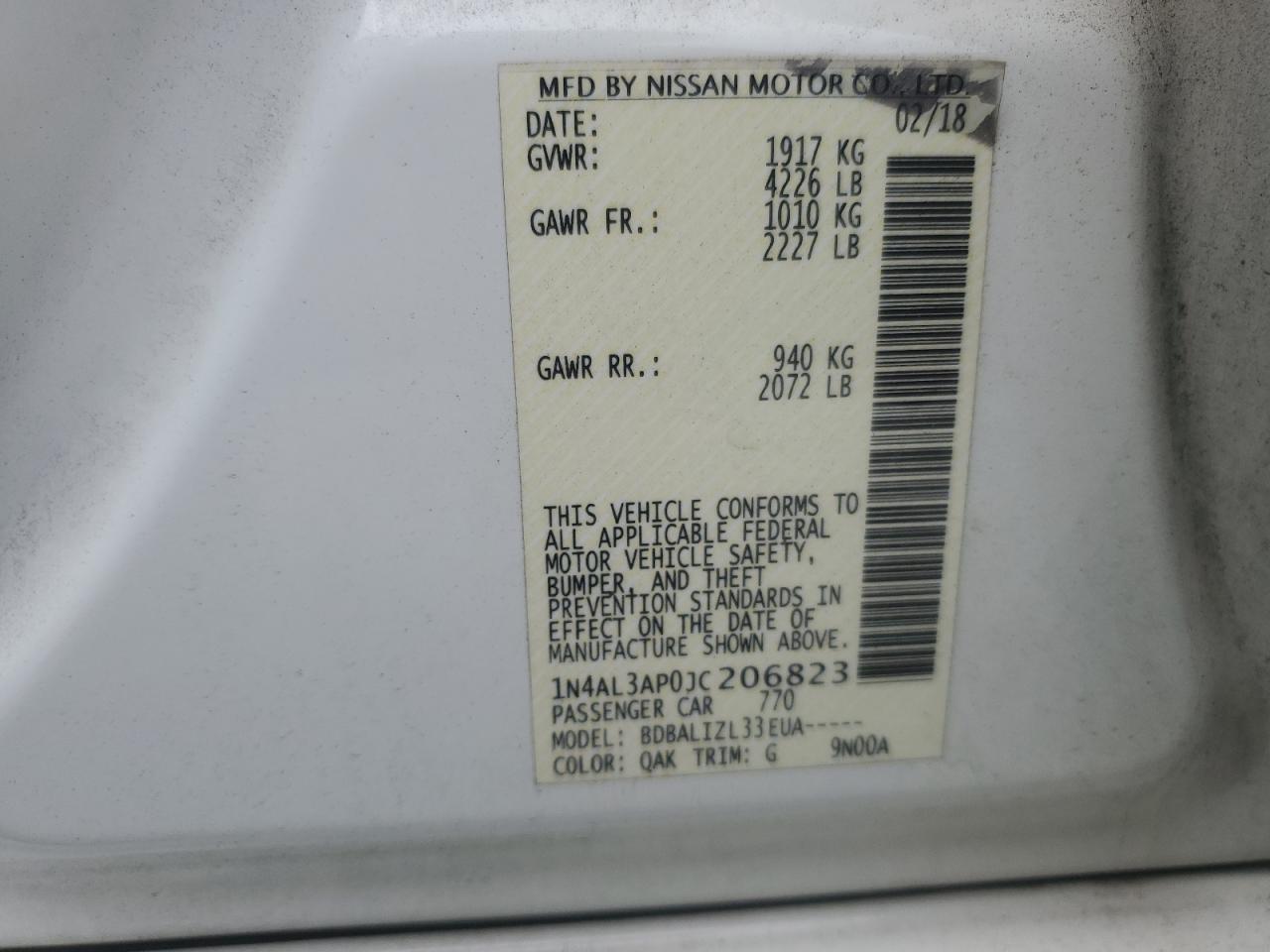 2018 Nissan Altima VIN 1N4AL3AP0JC206823 Copart auction photo, rear end damage thumbnail 12