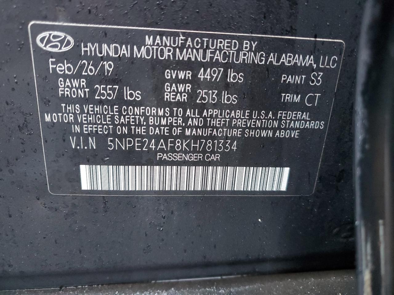 2019 Hyundai Sonata VIN 5NPE24AF8KH781334 Copart auction photo, burn / burn - interior damage thumbnail 12