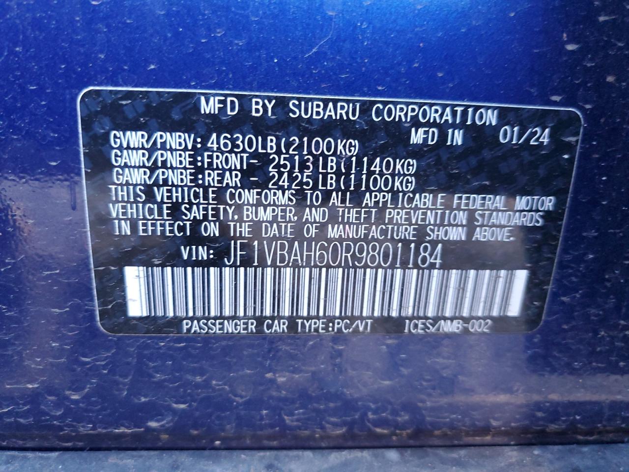 2024 Subaru WRX VIN JF1VBAH60R9801184 Copart auction photo, front end damage thumbnail 12