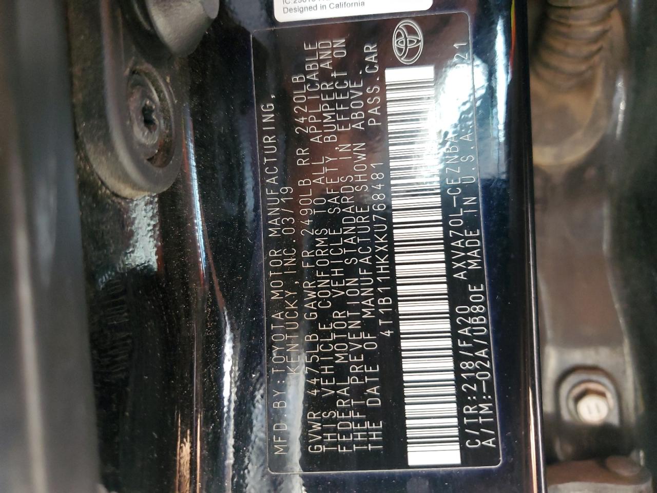 2019 Toyota Camry VIN 4T1B11HKXKU768481 Copart auction photo, front end / rear end damage thumbnail 15