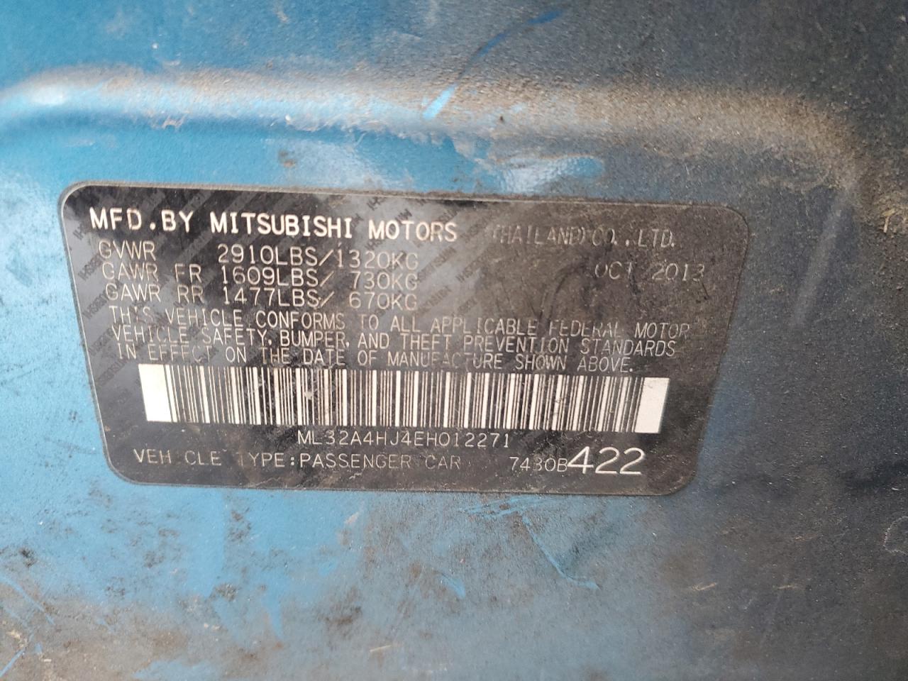 2014 Mitsubishi Mirage VIN ML32A4HJ4EH012271 Copart auction photo, front end damage thumbnail 12