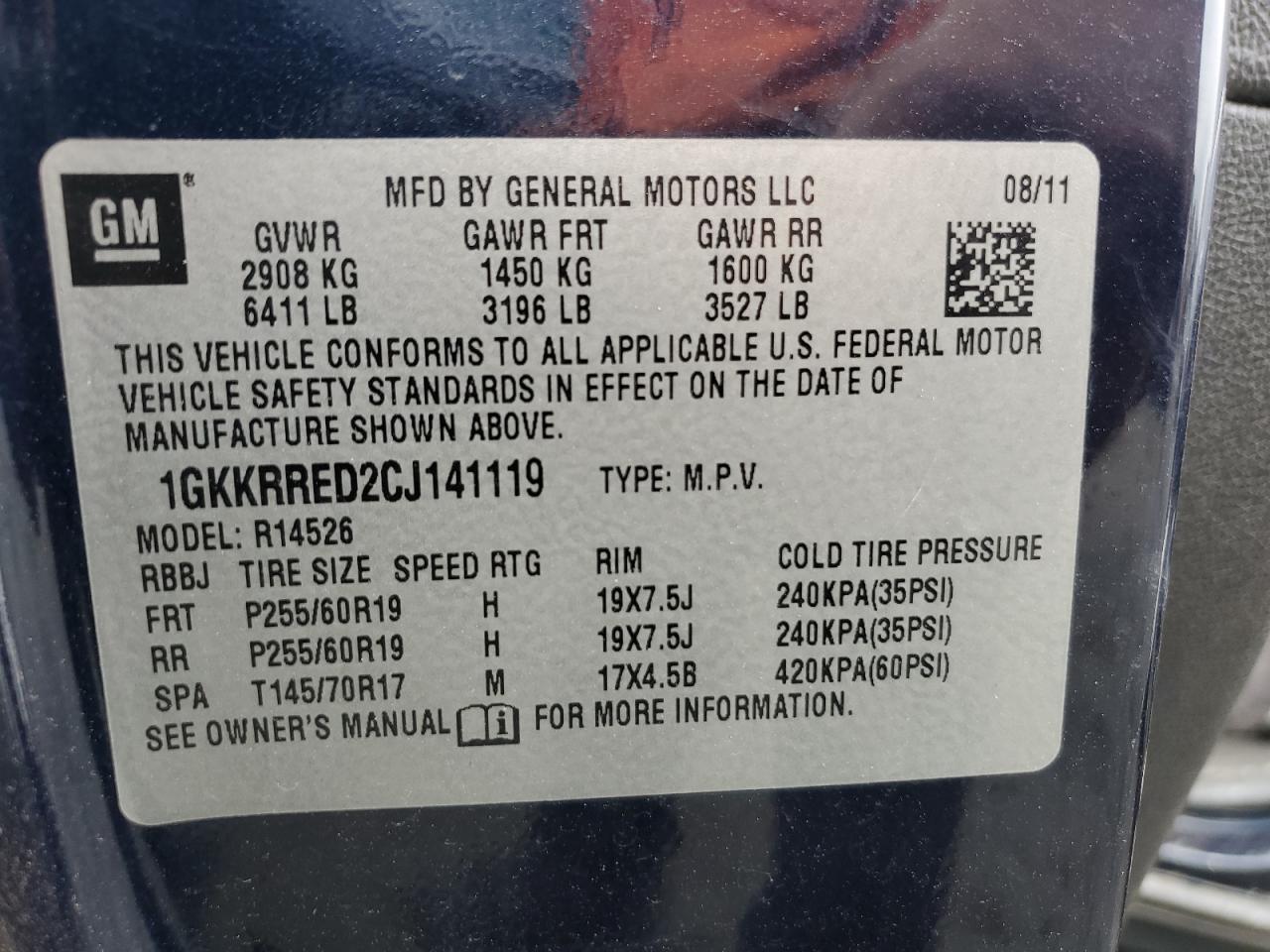 2012 GMC Acadia VIN 1GKKRRED2CJ141119 Copart auction photo, all over damage thumbnail 15