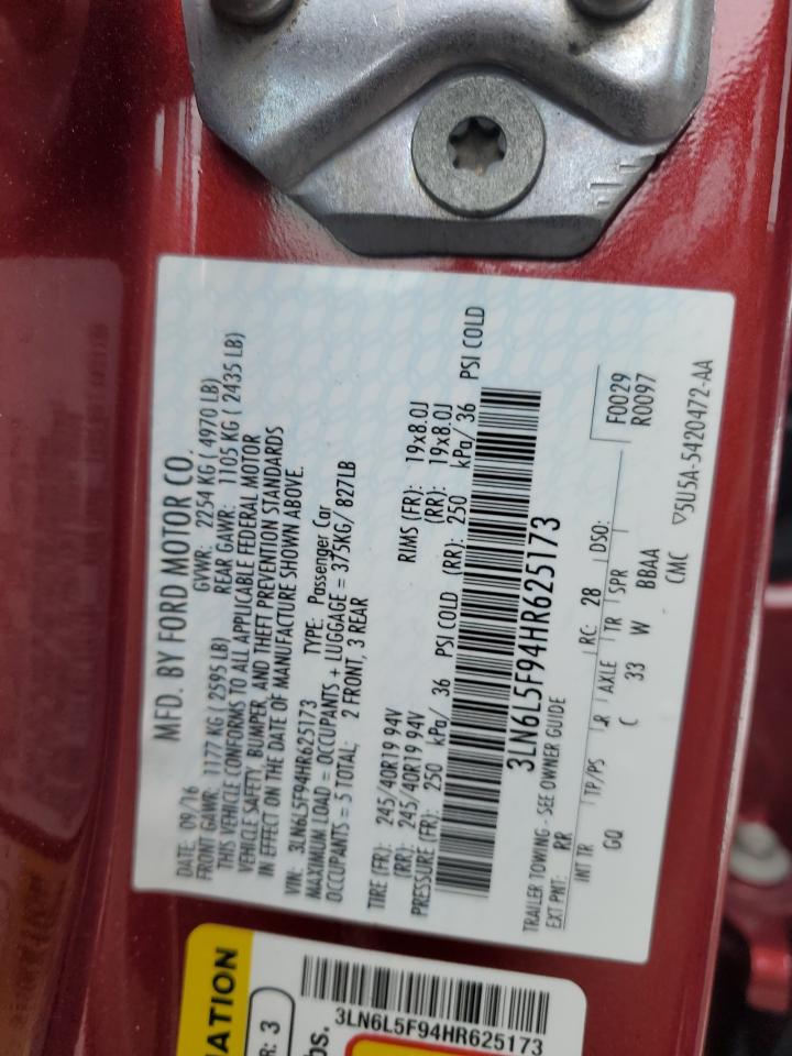 2017 Lincoln MKZ VIN 3LN6L5F94HR625173 Copart auction photo, front end damage thumbnail 12