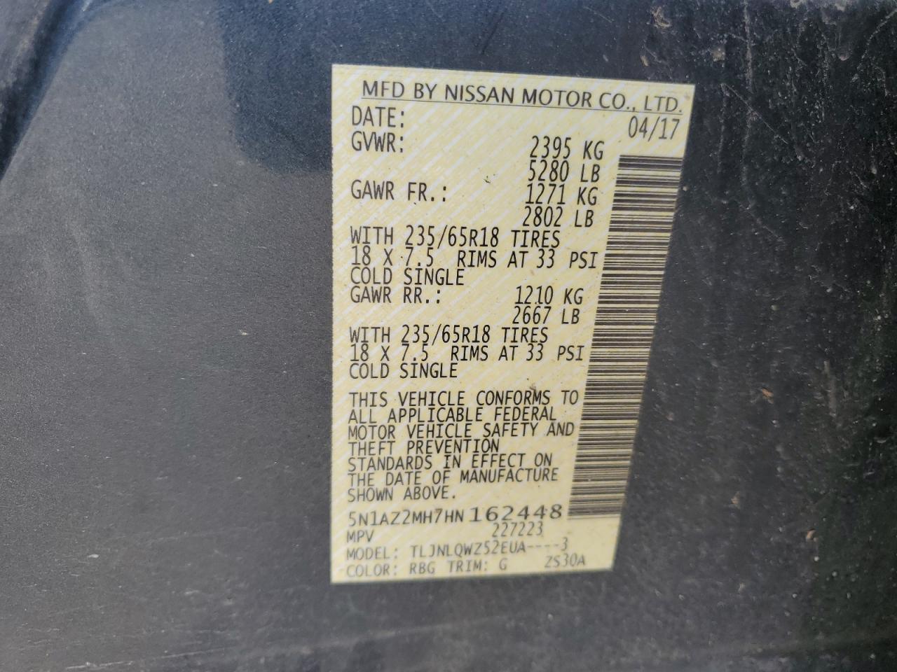 2017 Nissan Murano VIN 5N1AZ2MH7HN162448 Copart auction photo, side / minor dent/scratches damage thumbnail 13