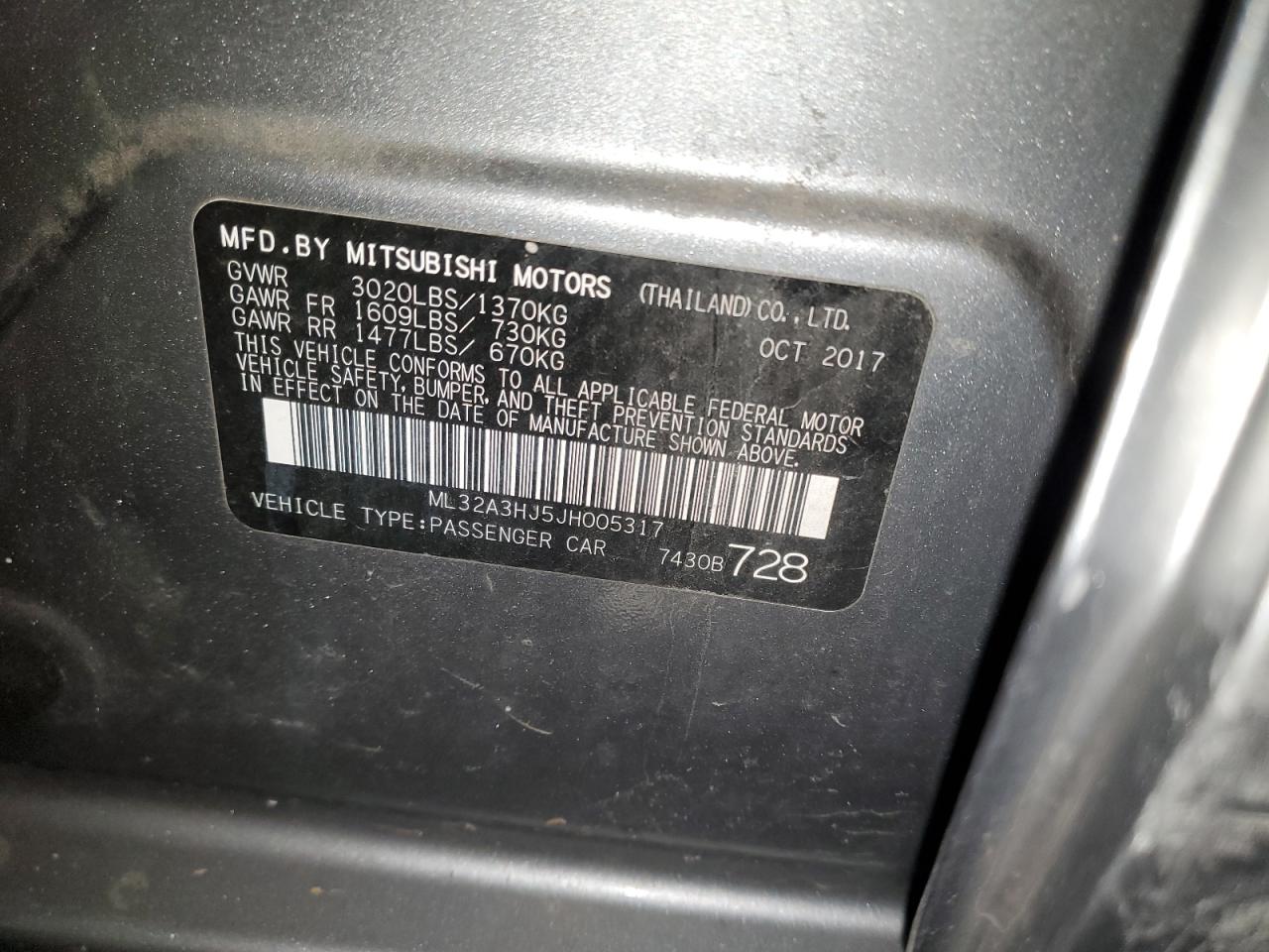 2018 Mitsubishi Mirage VIN ML32A3HJ5JH005317 Copart auction photo, front end / mechanical damage thumbnail 14