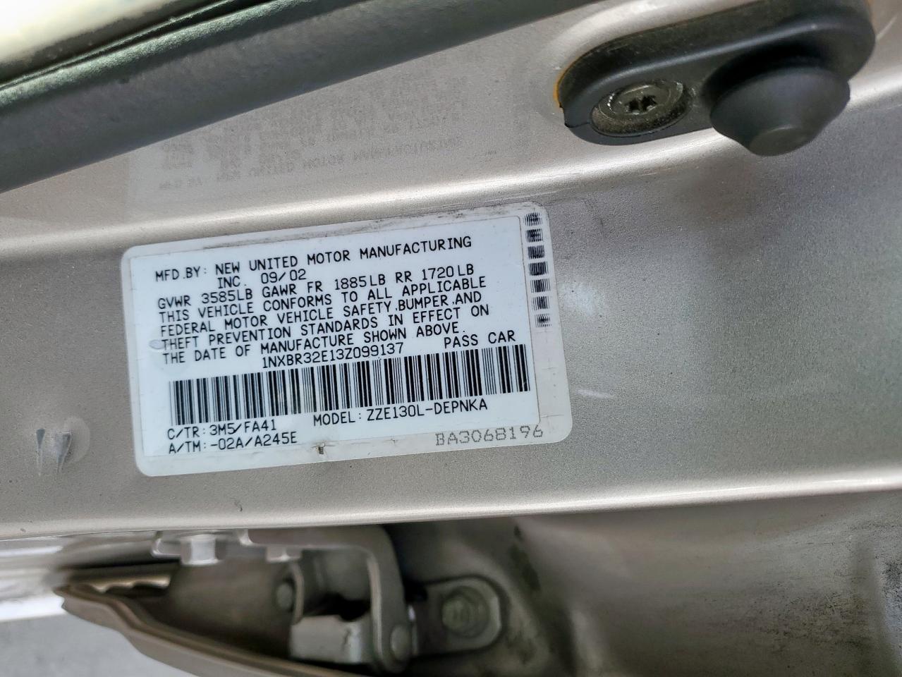 2003 Toyota Corolla VIN 1NXBR32E13Z099137 Copart auction photo, front end / all over damage thumbnail 12