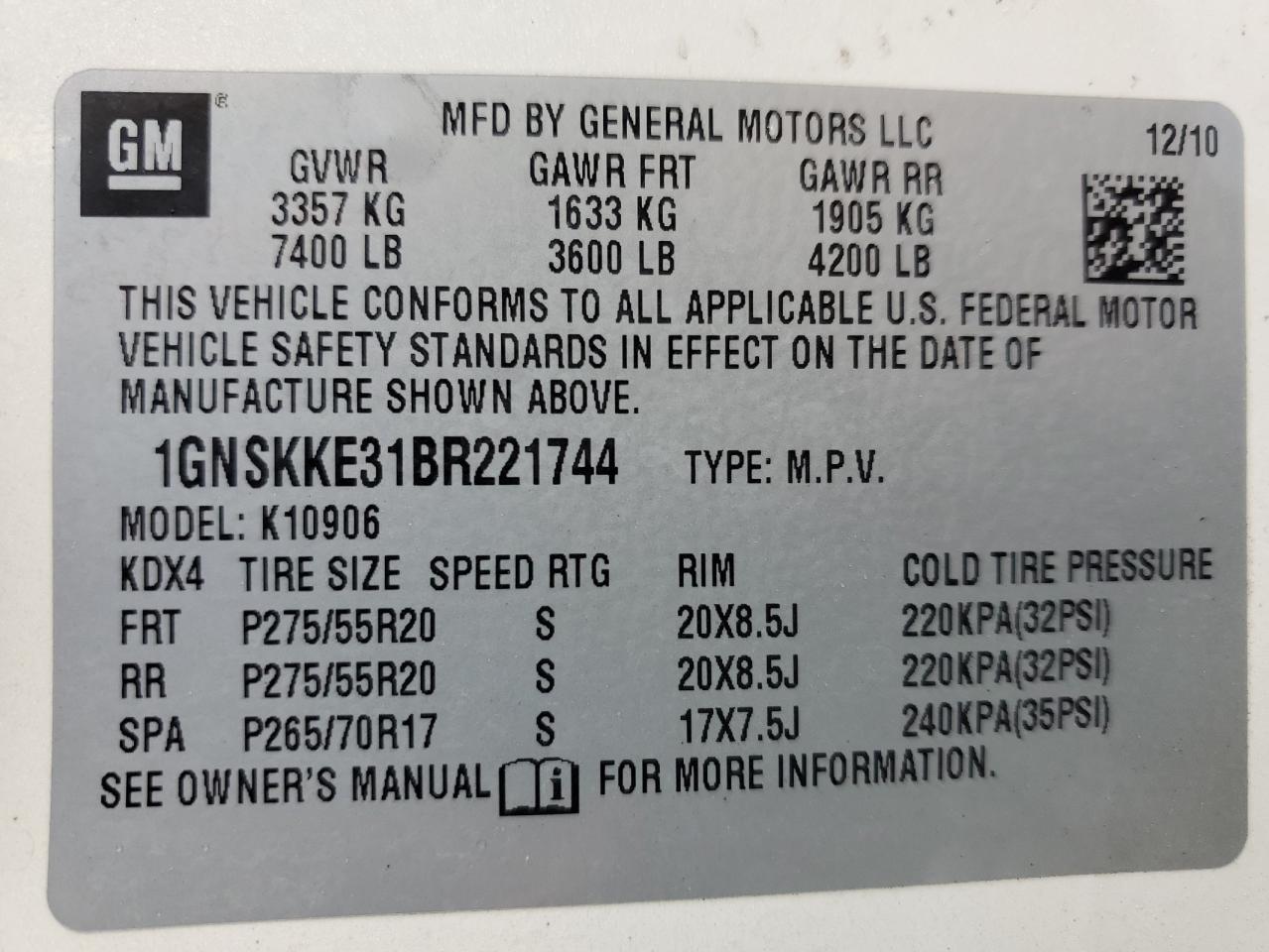 2011 Chevrolet Suburban VIN 1GNSKKE31BR221744 Copart auction photo, side damage thumbnail 15