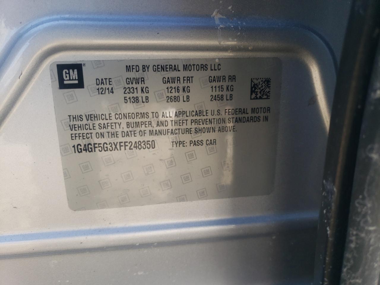 2015 Buick LaCrosse VIN 1G4GF5G3XFF248350 Copart auction photo, rollover / all over damage thumbnail 13