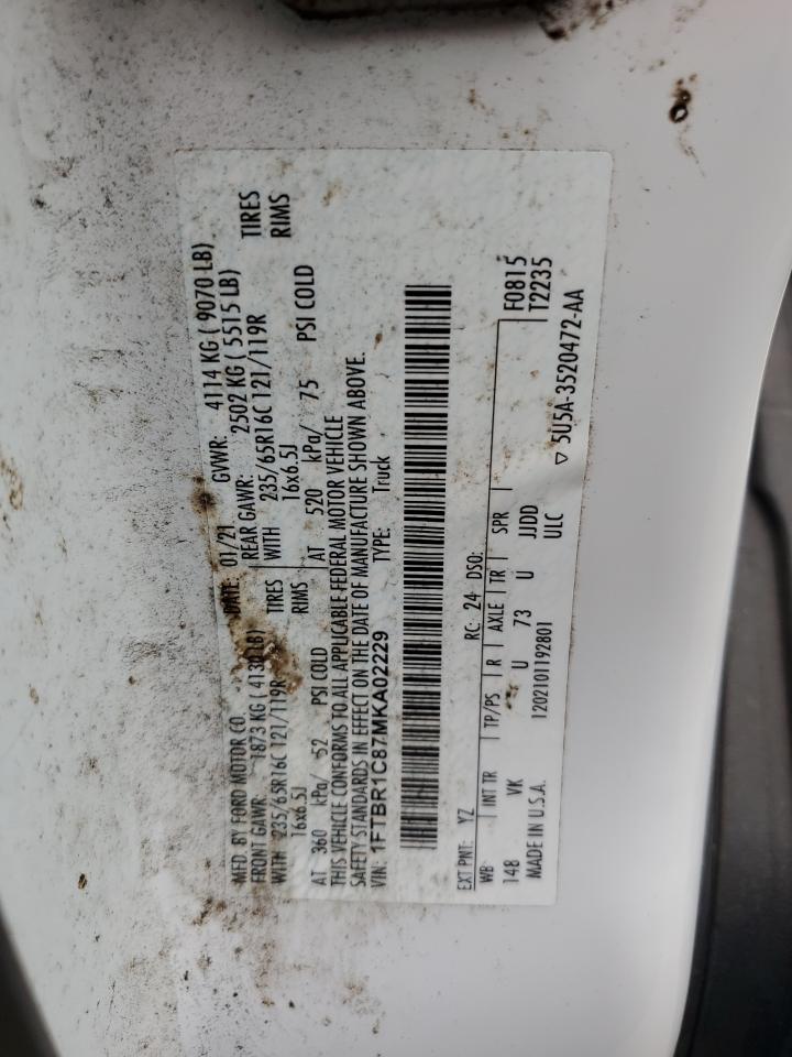 2021 Ford Transit VIN 1FTBR1C87MKA02229 Copart auction photo, water/flood damage thumbnail 14