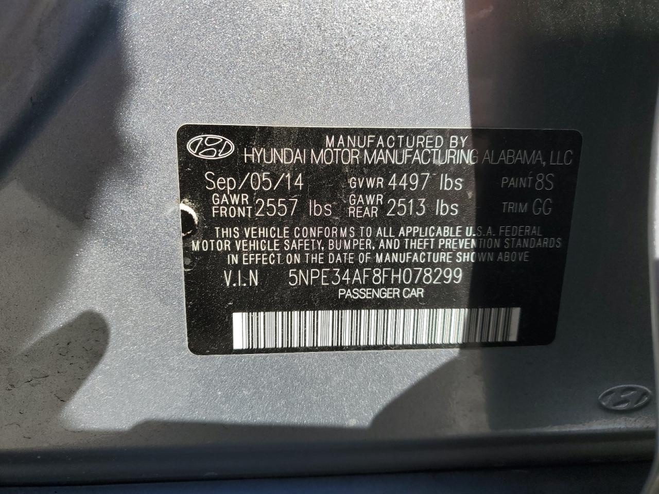 2015 Hyundai Sonata VIN 5NPE34AF8FH078299 Copart auction photo, front end damage thumbnail 14