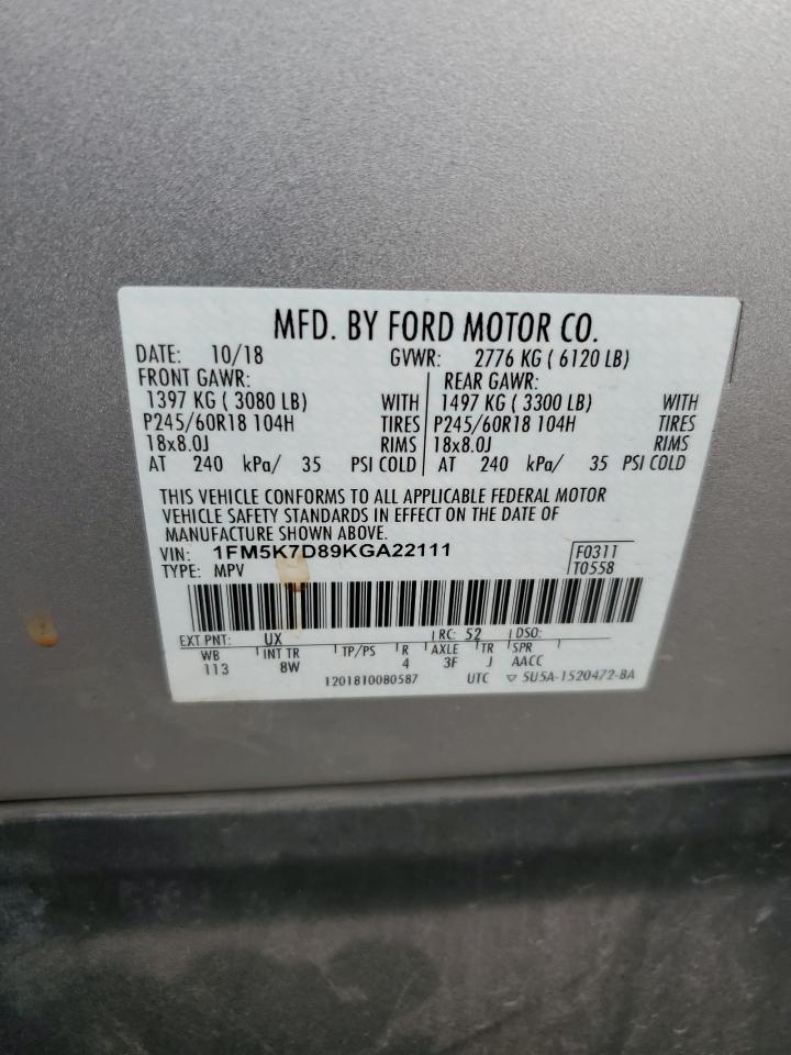 2019 Ford Explorer VIN 1FM5K7D89KGA22111 Copart auction photo, front end / undercarriage damage thumbnail 13