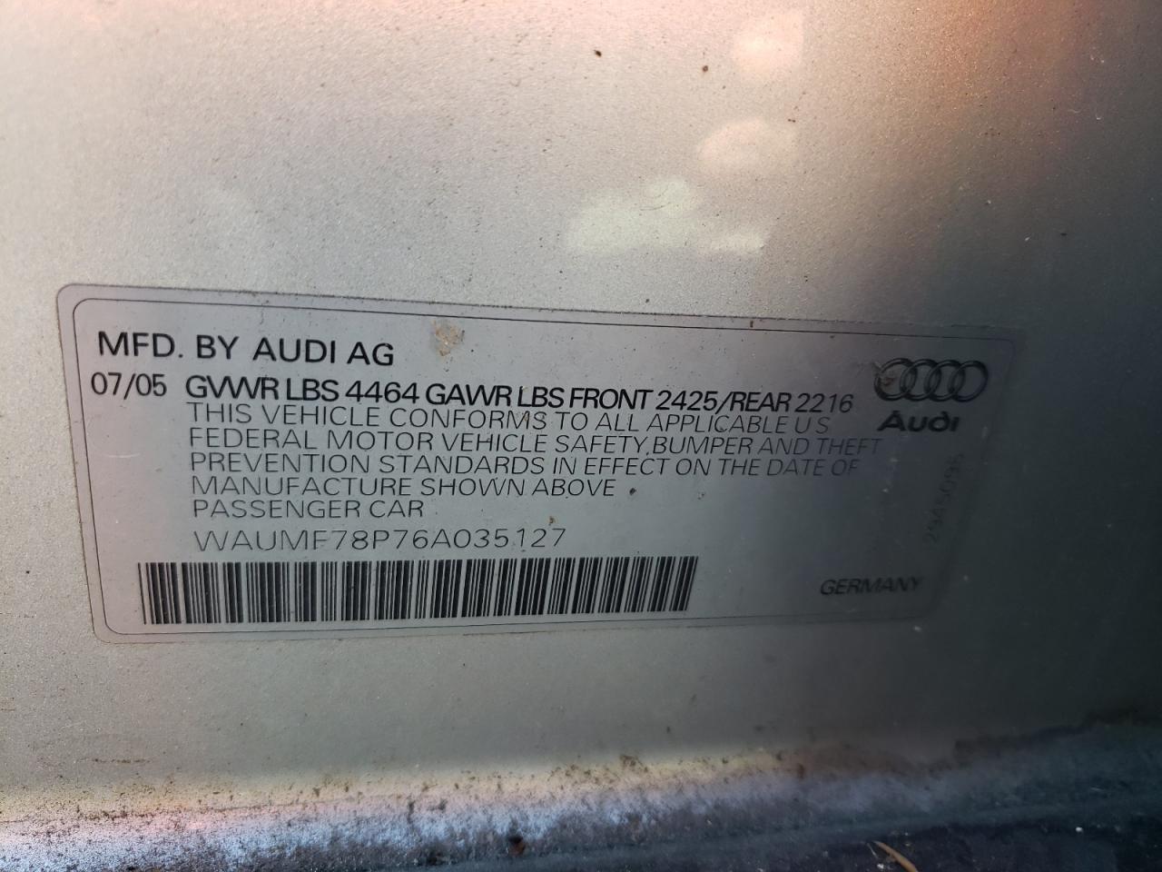 2006 Audi A3 VIN WAUMF78P76A035127 Copart auction photo, mechanical damage thumbnail 12