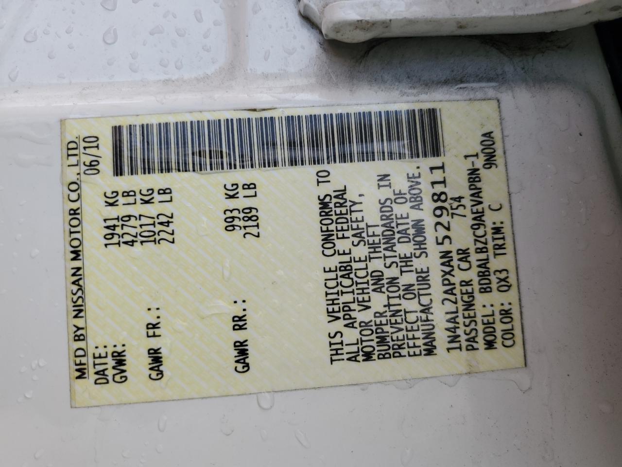 2010 Nissan Altima VIN 1N4AL2APXAN529811 Copart auction photo, front end damage thumbnail 13