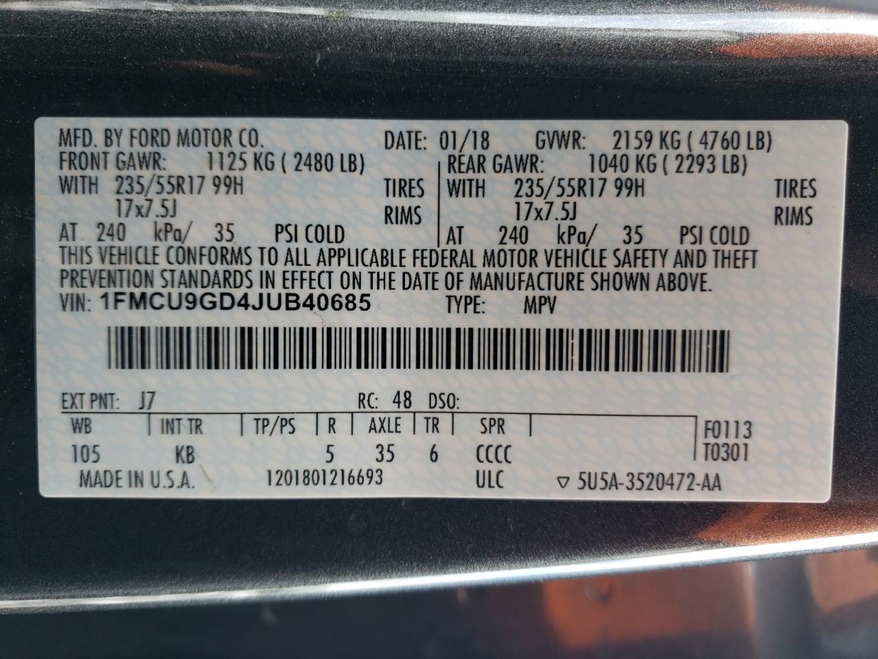 2018 Ford Escape VIN 1FMCU9GD4JUB40685 Copart auction photo, front end / side damage thumbnail 13