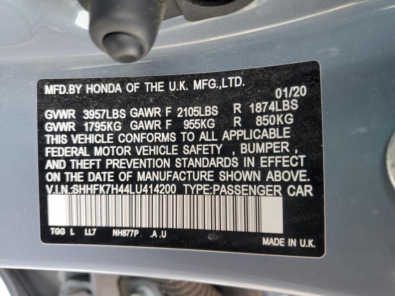 2020 Honda Civic VIN SHHFK7H44LU414200 Copart auction photo, front end damage thumbnail 12