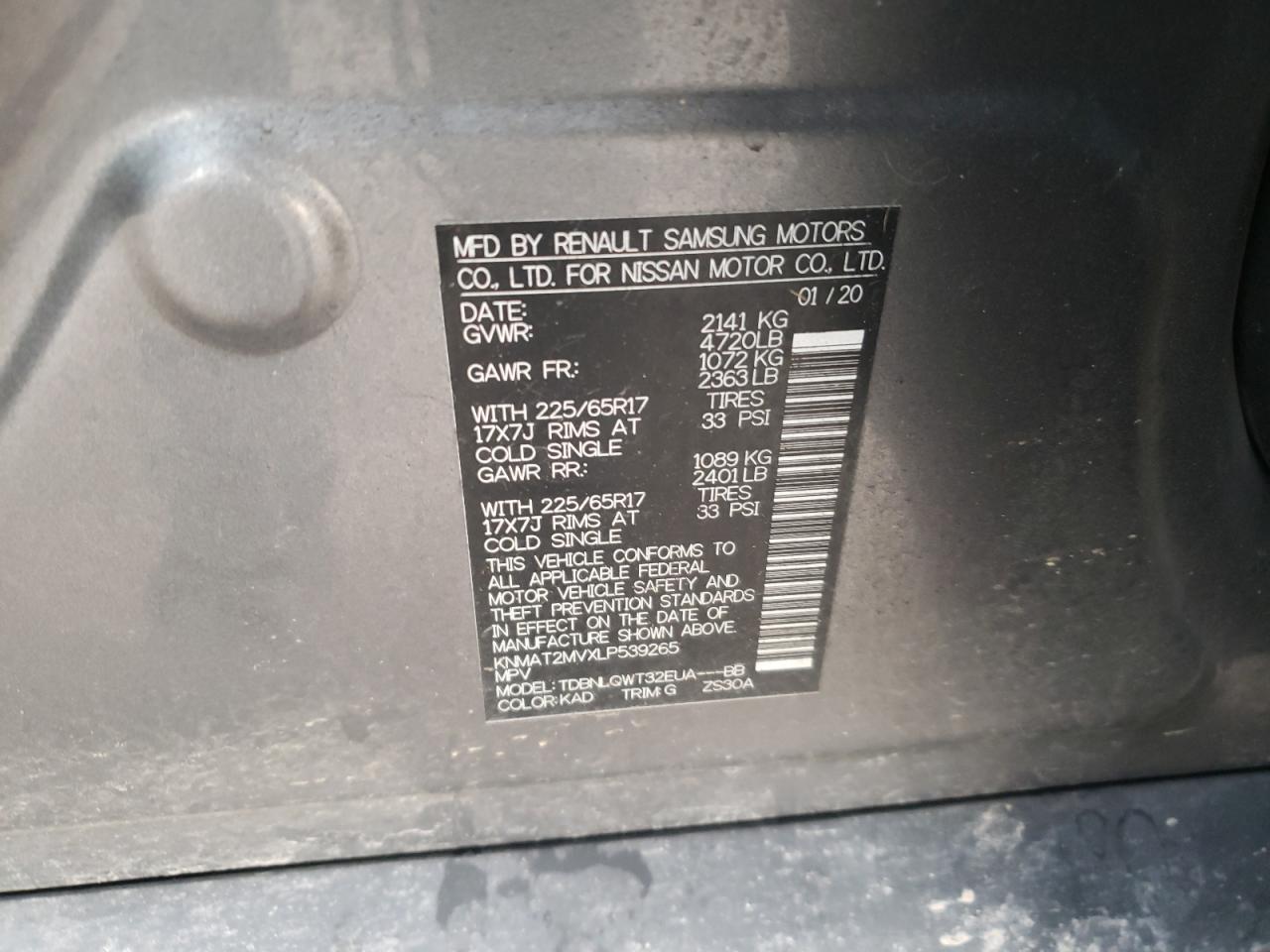 2020 Nissan Rogue VIN KNMAT2MVXLP539265 Copart auction photo, rear end damage thumbnail 12