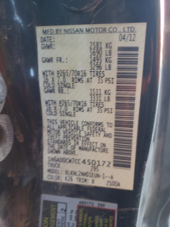 2012 Nissan Navara (Frontier) VIN 1N6AD0CW7CC450172 Copart auction photo, front end / side damage thumbnail 13
